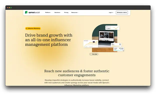 A webpage for "Sprout Social" promoting an "all-in-one influencer management platform" for brand growth and customer engagement. The image focuses on general influencer marketing and audience reach. This image is not directly related to YouTube Advertising, YouTube Advertising Tools, or YouTube ADS.