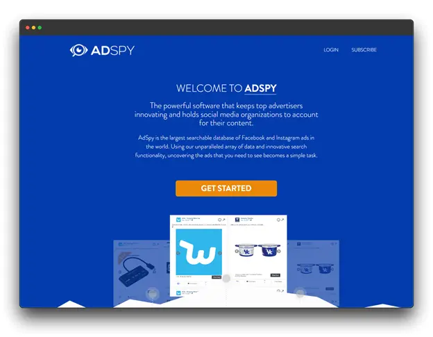 A screenshot of the AdSpy website homepage. The website promotes itself as a powerful tool for analyzing Facebook and Instagram ads. It highlights features like a large searchable database and easy-to-use functionality for discovering relevant ads.