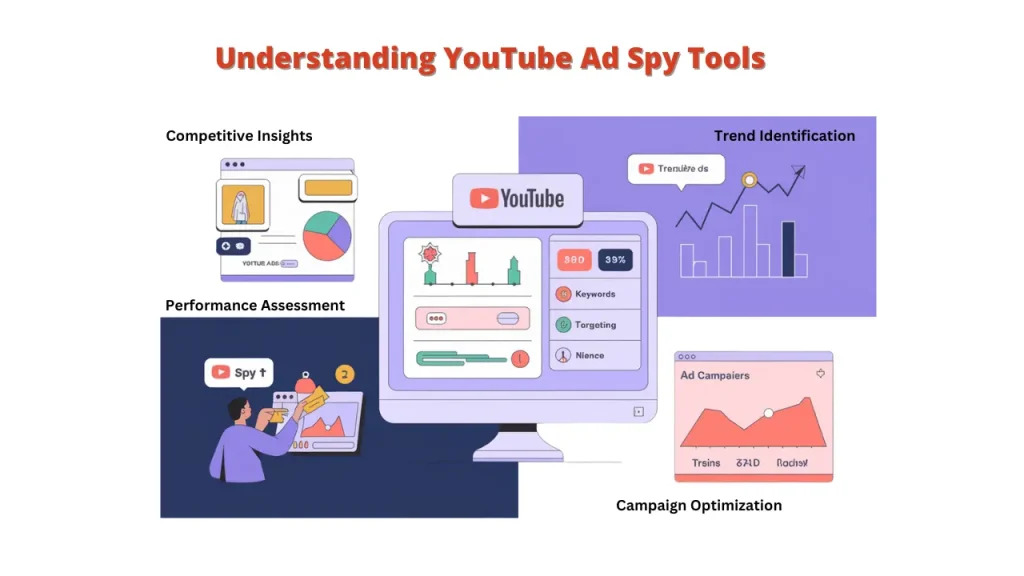 benefits of using YouTube ad spy tools. It shows various sections with icons representing different features, such as competitive insights, trend identification, performance assessment, keyword research, targeting analysis, and campaign optimization. The image also includes a person using a computer with a YouTube logo on the screen.