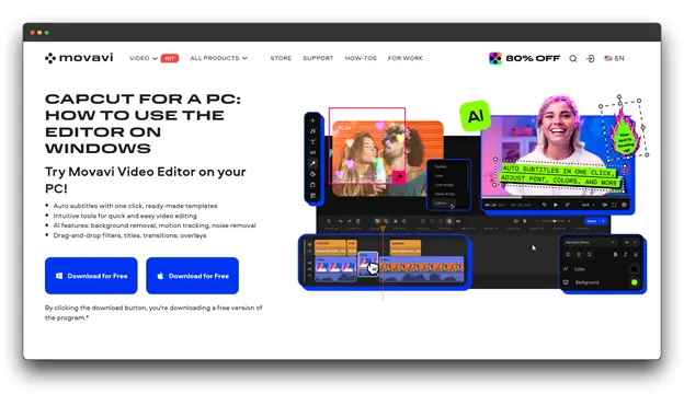 The Movavi website advertises "CAPCUT FOR A PC: HOW TO USE THE EDITOR ON WINDOWS," featuring video editing interfaces and a smiling woman. This image presents a vital YouTube Tool for Top Creators to enhance their videos, contributing to YouTube Success Secrets.