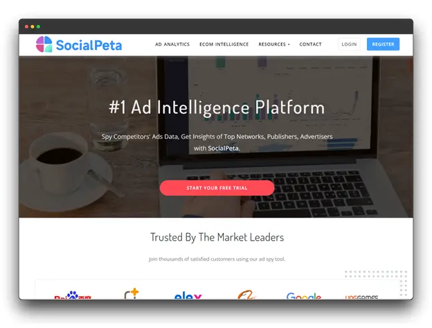 SocialPeta website homepage. The website promotes itself as the #1 ad intelligence platform, offering tools to spy on competitors' ads, analyze top networks and publishers, and get insights into advertisers. There's a prominent "Start Your Free Trial" button and a section highlighting trusted by market leaders.
