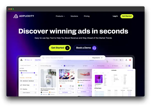 AdPlexity website homepage. The website promotes itself as an easy-to-use spy tool that helps users discover winning ads and boost revenue. The homepage includes a search bar, a "Get Started" button, and a "Book a Demo" button. There's also a preview of the tool's interface, showing a list of ads with details like days running, ad type, and ad details.