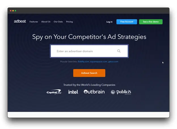 Adbeat website homepage. The website offers a tool to spy on competitors' ad strategies. There's a search bar where users can enter an advertiser domain to analyze their ads. The homepage also mentions popular searches and logos of trusted companies.