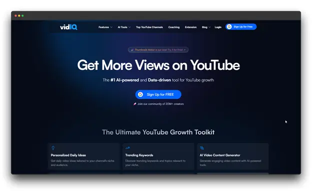 The VidIQ website features the headline "Get More Views on YouTube" and describes itself as "The #1 AI-powered and Data-driven tool for YouTube growth." This demonstrates a powerful YouTube Tool for Top Creators seeking YouTube Success Secrets in audience engagement.