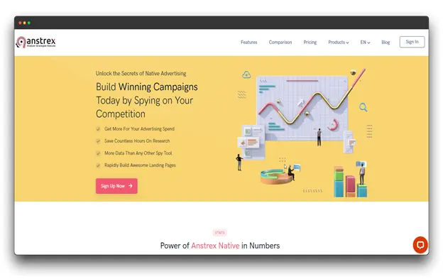 Anstrex website homepage. The website promotes itself as a tool for unlocking the secrets of native advertising. It emphasizes features like building winning campaigns by spying on competition, getting more for advertising spend, and rapidly building awesome landing pages. 