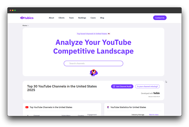 Tubics homepage, "Analyze Your YouTube Competitive Landscape," with a search bar and listing of "Top 30 YouTube Channels in the United States 2025," showcasing a YouTube Channel Finder's analytics.