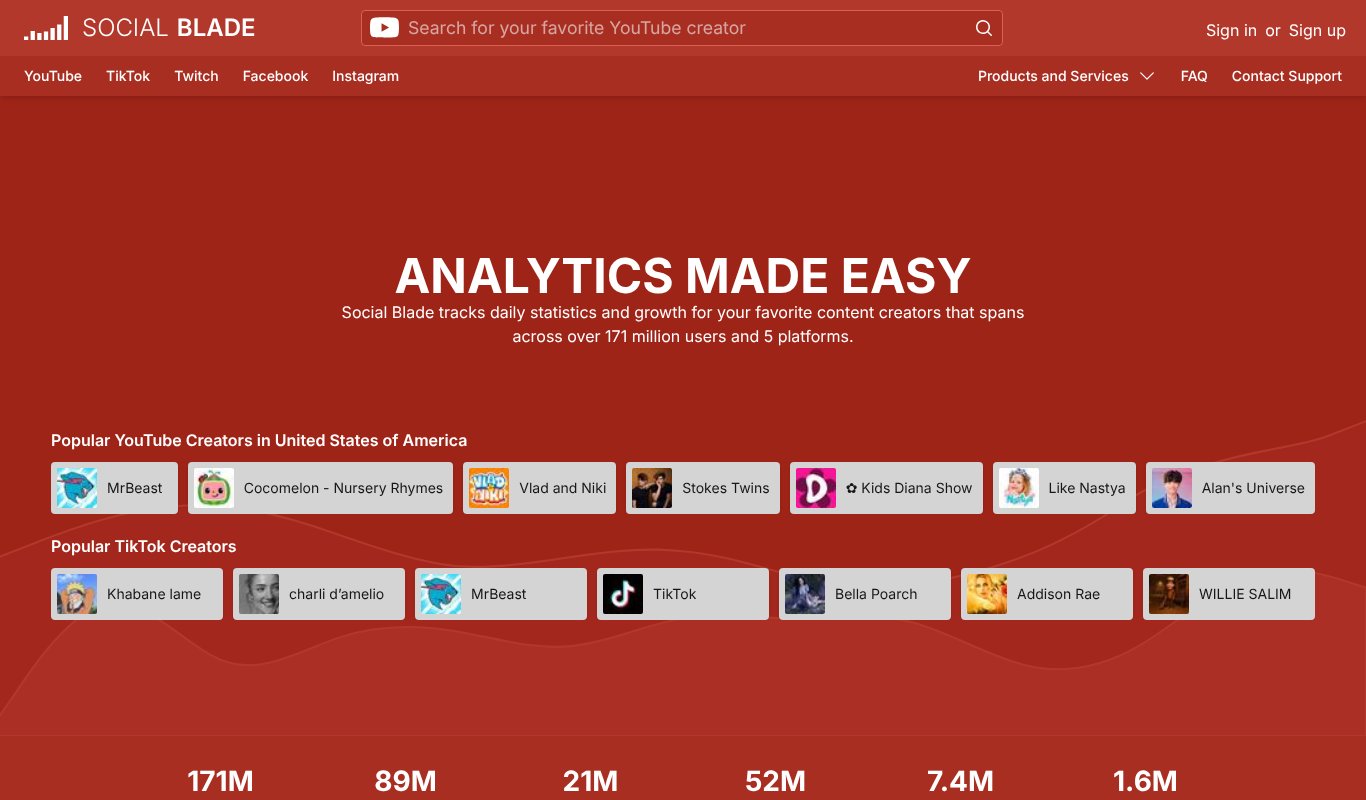 Social Blade homepage