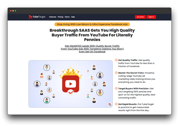 TubeTarget's landing page, promoting a SAAS for YouTube Ads to get quality buyer traffic, highlighting its features as a YouTube Channel Finder tool.