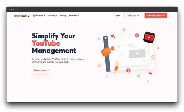 A screenshot of the Agorapulse website, highlighting 'Simplify Your YouTube Management' with an illustration showing a YouTube video player and content management features. While primarily for general YouTube management, such tools can indirectly support YouTube Advertising strategies and the efficient handling of YouTube Ads.