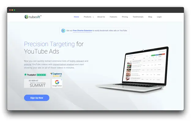 A webpage for "TubeSift" titled "Precision Targeting for YouTube Ads." It promotes extracting highly relevant YouTube videos with monetization enabled to show YouTube ADS, acting as one of the YouTube Advertising Tools for effective YouTube Advertising.
