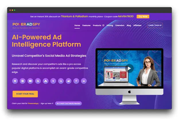 PowerAdSpy website homepage. The website promotes itself as an AI-powered ad intelligence platform that helps users uncover competitor's social media ad strategies. The homepage includes a search bar, a "Start Your Trial" button, and logos of popular digital platforms.