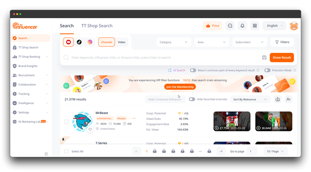 Influencer search interface showing "Channel" filter, displaying "21.37M results" including MrBeast, illustrating a YouTube Channel Finder's search capabilities.