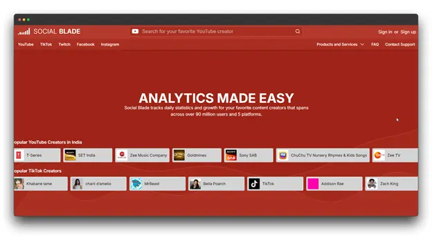 A screenshot of the Social Blade website, displaying 'ANALYTICS MADE EASY' and showcasing popular YouTube creators in India, alongside popular TikTok creators. While not directly a YouTube Advertising tool, Social Blade's analytics can inform YouTube Advertising strategies for effective YouTube Ads."
