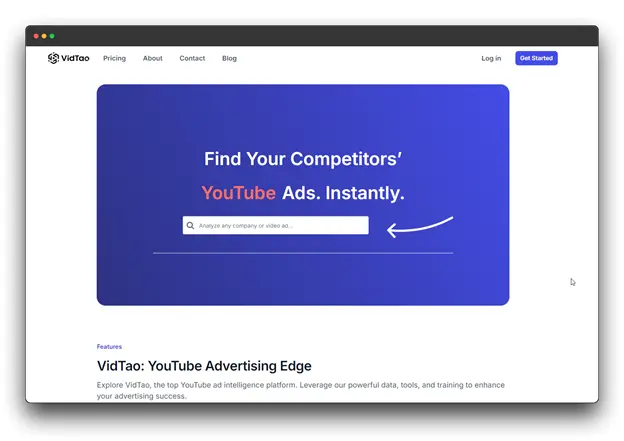 A screenshot of the VidTao website homepage. The website offers a tool to find competitors' YouTube ads instantly. There's a search bar where users can enter a company or keyword to analyze their advertising strategies.