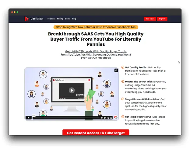 A screenshot of a website promoting TubeTarget, a software for advertising on YouTube. The website highlights the ability to get high-quality buyer traffic at a low cost compared to Facebook ads. It emphasizes features like unlimited leads, precise targeting, and rapid results.
