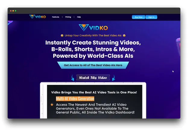 The VIDKO website advertises "Instantly Create Stunning Videos, B-Rolls, Shorts, Intros & More, Powered by World-Class AIs." This highlights an AI-powered YouTube Tool to help Top Creators unlock YouTube Success Secrets in video production.