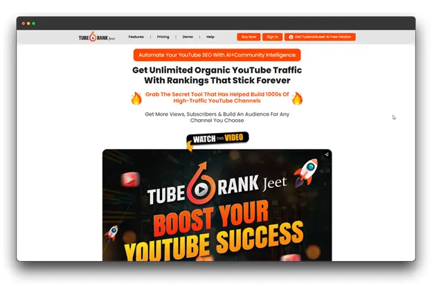 The TubeTarget website promotes "Breakthrough SAAS Gets You High Quality Buyer Traffic From YouTube For Literally Pennies." This showcases a YouTube Tool focused on driving traffic, a key YouTube Success Secret for Top Creators.