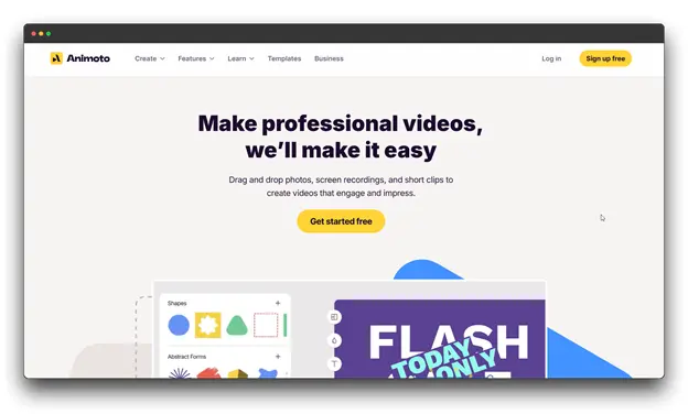 A webpage for "Animoto" with the headline "Make professional videos, we'll make it easy." It offers tools for creating videos using drag-and-drop, screen recordings, and short clips. This image is not directly related to YouTube Advertising, YouTube Advertising Tools, or YouTube ADS.