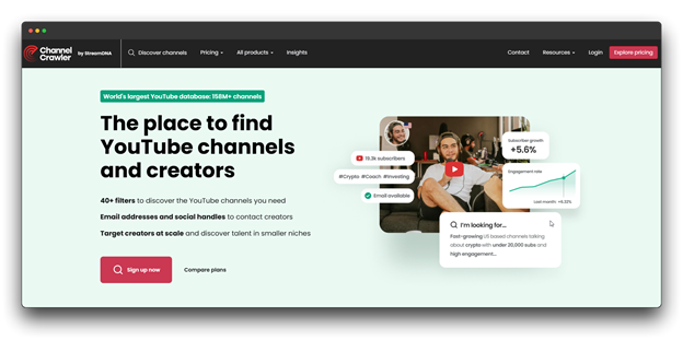 ChannelCrawler homepage, "The place to find YouTube channels and creators," boasting over 158M+ channels and 40+ filters, a comprehensive YouTube Channel Finder.
