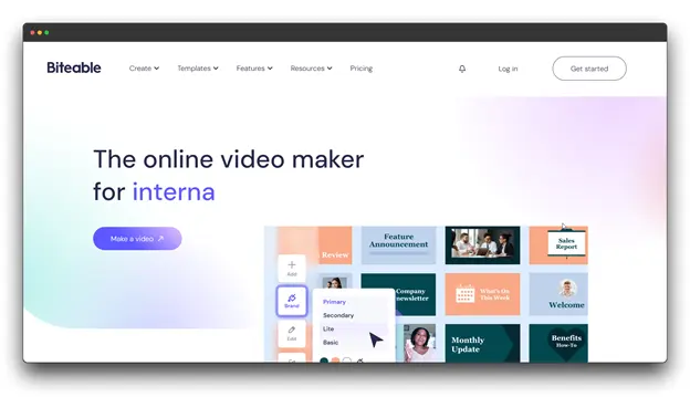 
A webpage for "Biteable," an "online video maker" for internal use, showing various video template options. It focuses on general video creation. This image is not directly related to YouTube Advertising, YouTube Advertising Tools, or YouTube ADS.