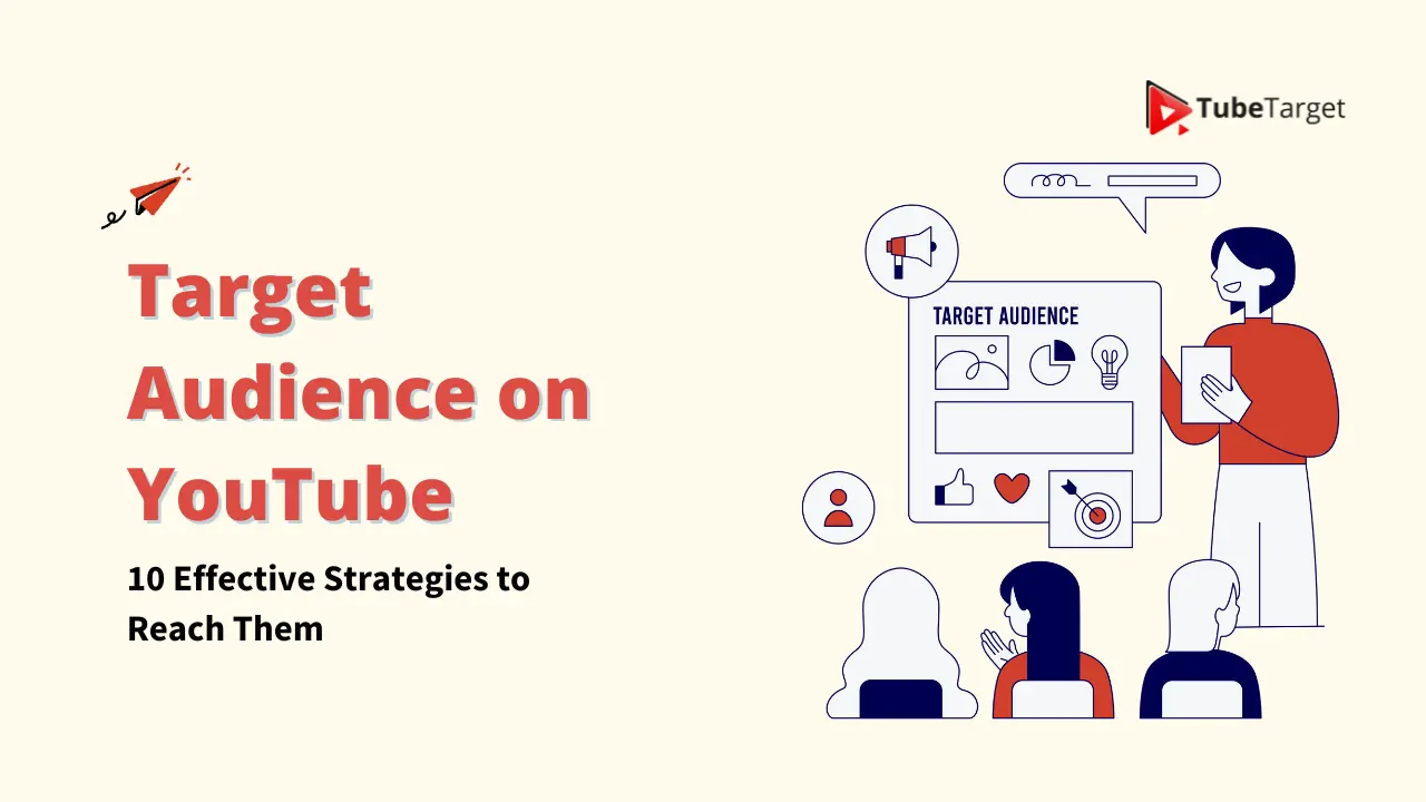 An illustration depicting strategies to reach a Target Audience on YouTube. A speaker presents a "Target Audience" board to an audience, with elements like engagement metrics and ideas.