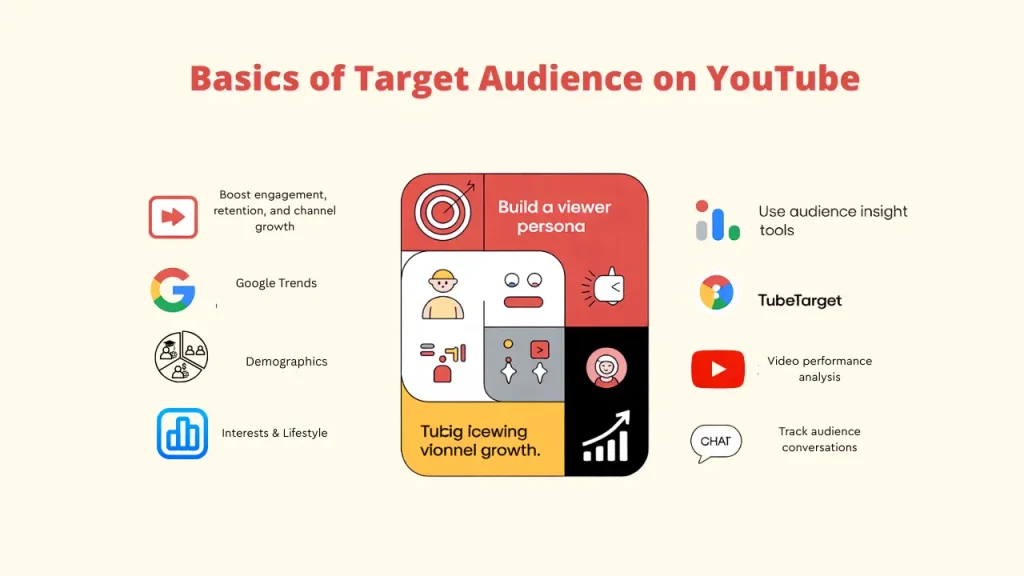 A diagram illustrating the "Basics of Target Audience on YouTube," with a central block for "Build a viewer persona" and surrounding points on using tools, demographics, interests, and analysis for channel growth and to identify your Target Audience.