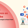 An illustration depicting strategies to reach a Target Audience on YouTube. A speaker presents a "Target Audience" board to an audience, with elements like engagement metrics and ideas.
