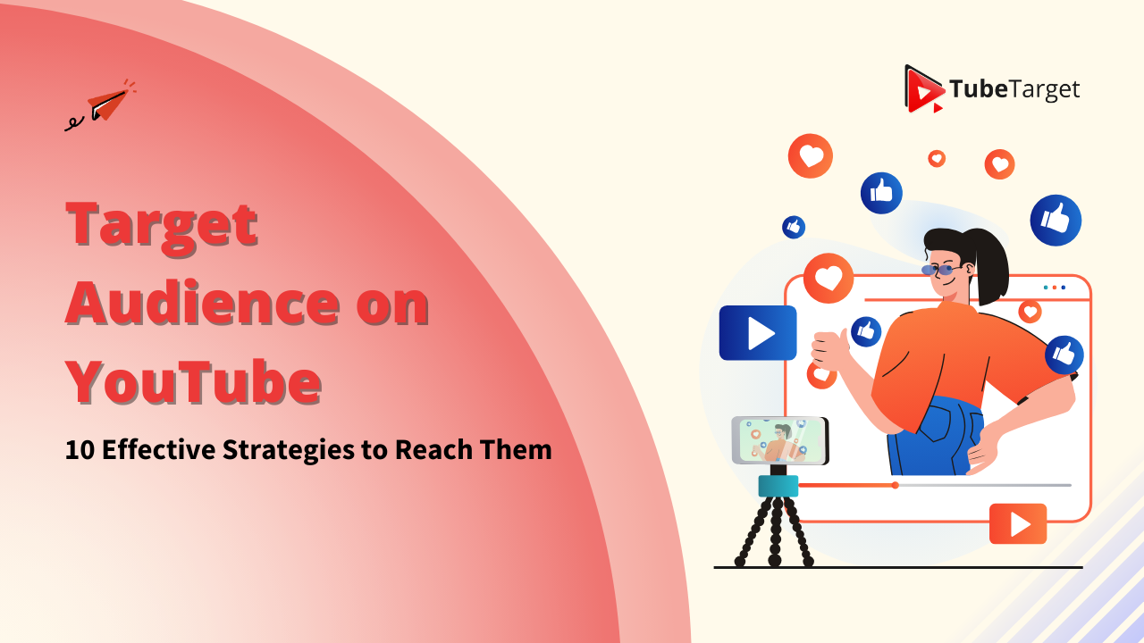 An illustration depicting strategies to reach a Target Audience on YouTube. A speaker presents a "Target Audience" board to an audience, with elements like engagement metrics and ideas.
