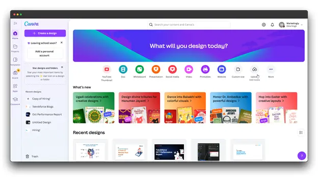 The Canva dashboard is shown, with options for various design types including "YouTube Thumbnail." This visual highlights a versatile YouTube Tool crucial for Top Creators to implement YouTube Success Secrets through effective visual branding.
