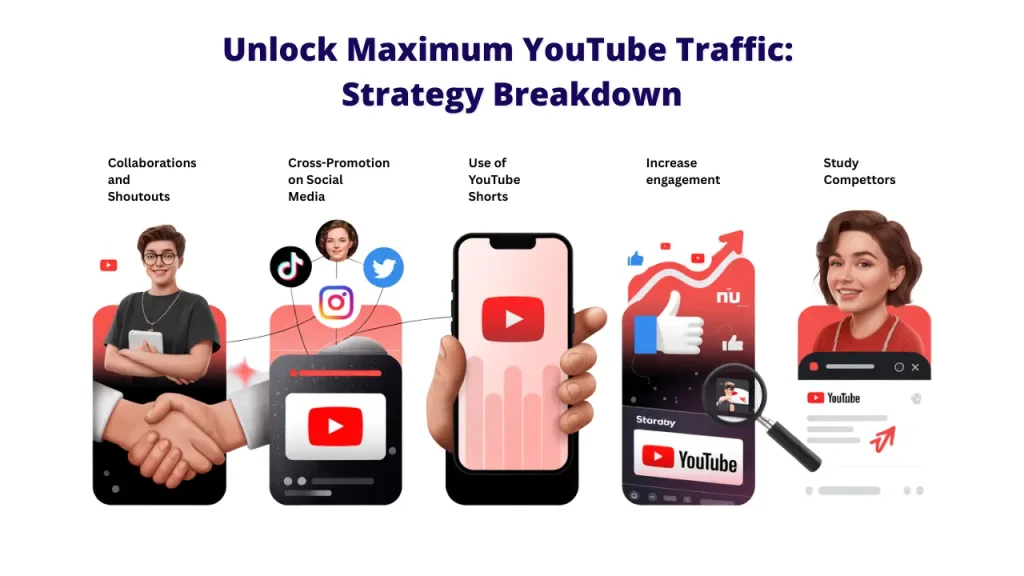Unlock Maximum YouTube Traffic: Strategy Breakdown." Below, five panels illustrate strategies: "Collaborations and Shoutouts" with a handshake, "Cross-Promotion on Social Media" with various social icons linked to YouTube, "Use of YouTube Shorts" with a phone displaying a YouTube video, "Increase engagement" with an upward trending graph and thumbs up, and "Study Competitors" with a magnifying glass on a YouTube channel. This visual guide outlines key YouTube Tools and YouTube Success Secrets for Top Creators to maximize traffic.