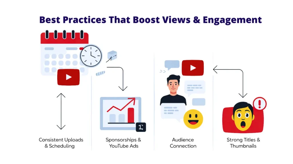 
A white background features the title "Best Practices That Boost Views & Engagement." Below, four sections illustrate these practices: "Consistent Uploads & Scheduling" with a calendar and clock, "Sponsorships & YouTube Ads" with a growth chart, "Audience Connection" with a person in a chat bubble and an emoji, and "Strong Titles & Thumbnails" with a surprised face. This image details effective YouTube Tools and YouTube Success Secrets for Top Creators to enhance views and engagement.