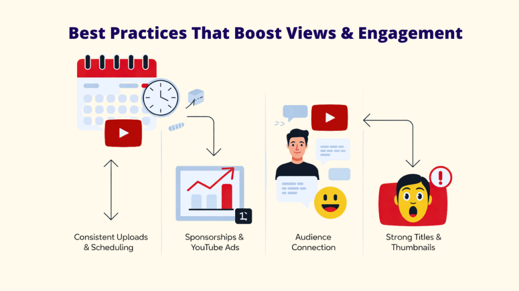 
A white background features the title "Best Practices That Boost Views & Engagement." Below, four sections illustrate these practices: "Consistent Uploads & Scheduling" with a calendar and clock, "Sponsorships & YouTube Ads" with a growth chart, "Audience Connection" with a person in a chat bubble and an emoji, and "Strong Titles & Thumbnails" with a surprised face. This image details effective YouTube Tools and YouTube Success Secrets for Top Creators to enhance views and engagement.