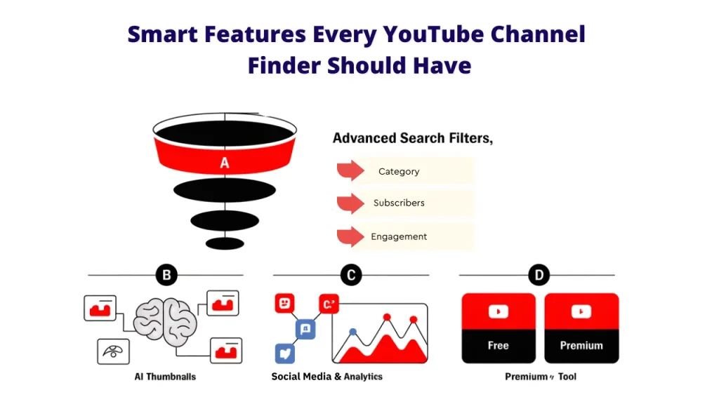 Smart features every YouTube Channel Finder should have: Advanced Search Filters (Category, Subscribers, Engagement), AI Thumbnails, Social Media & Analytics, and Free/Premium options.