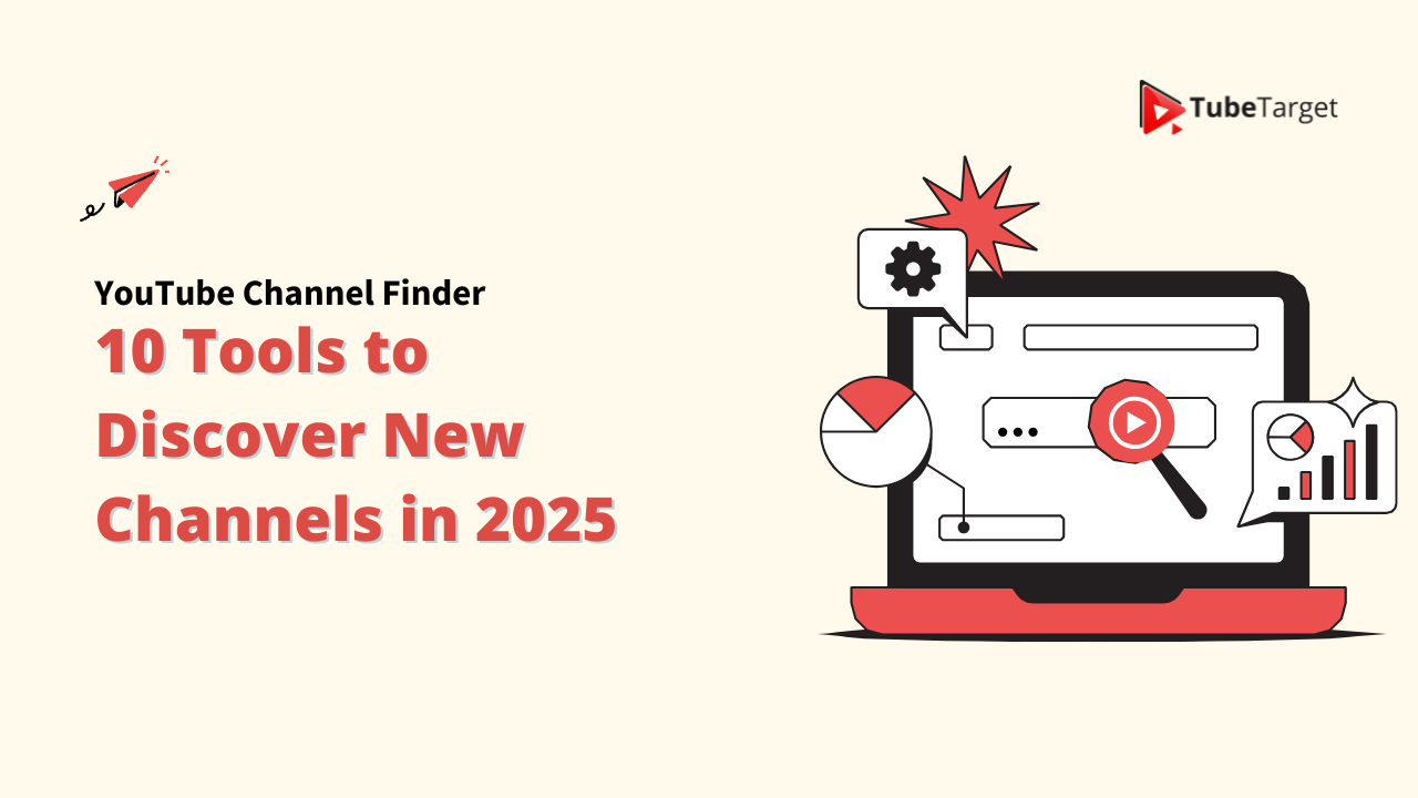 YouTube Channel Finder: 10 Tools to Discover New Channels in 2025, featuring a laptop with search and analytics icons.